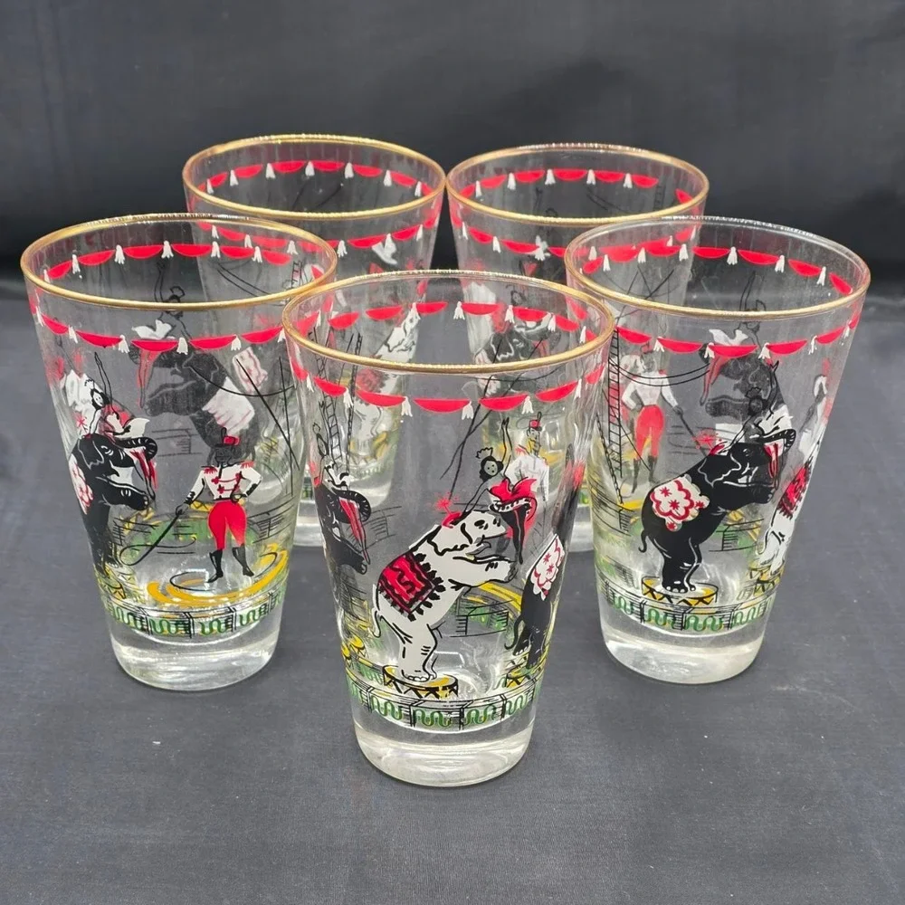 Vintage Set (5) Libbey Day at the Circus Highball Glass 12oz 1950s MCM Elephant